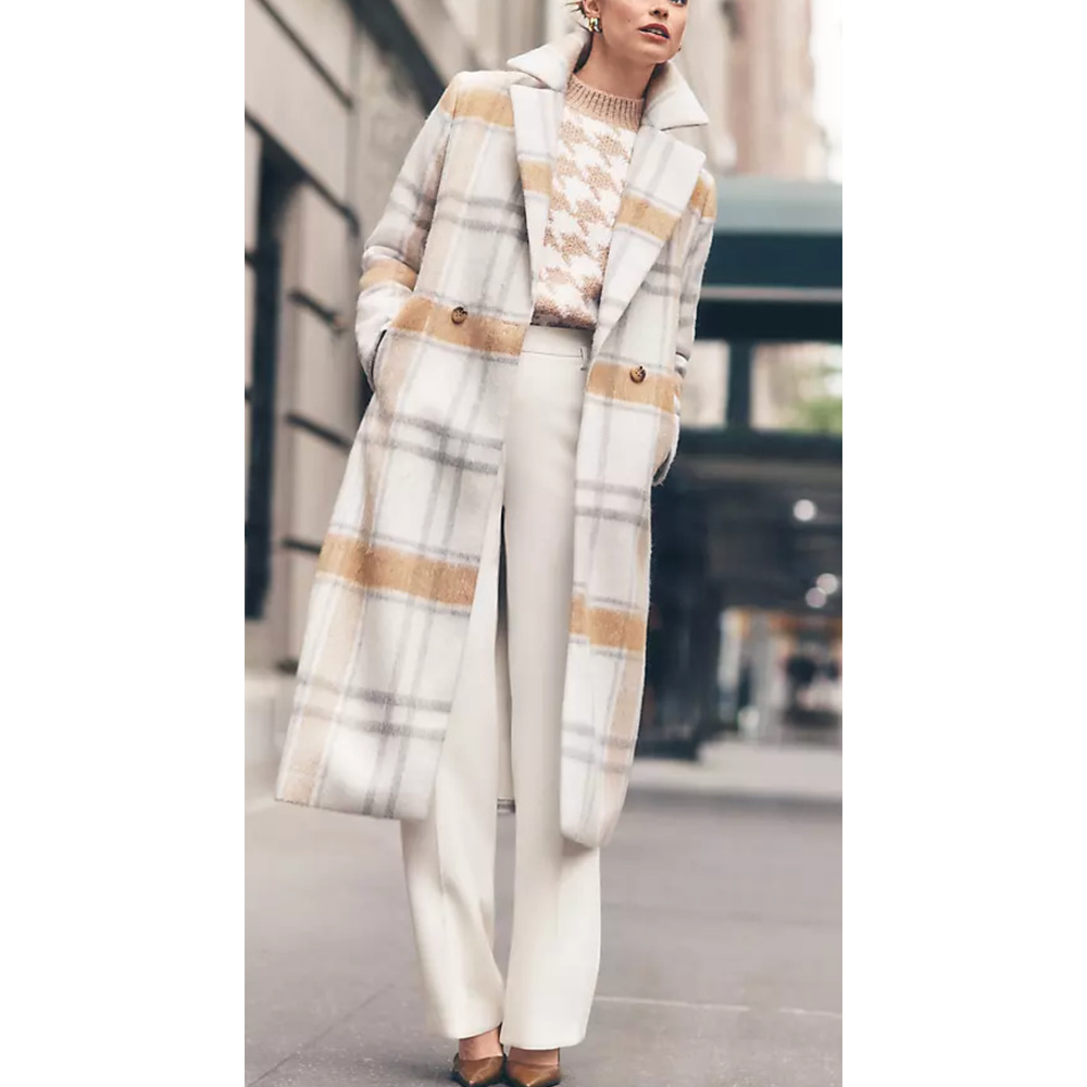 NEW ANN TAYLOR CAFE AU LAIT PLAID DOUBLE BREASTED COAT SZ XS